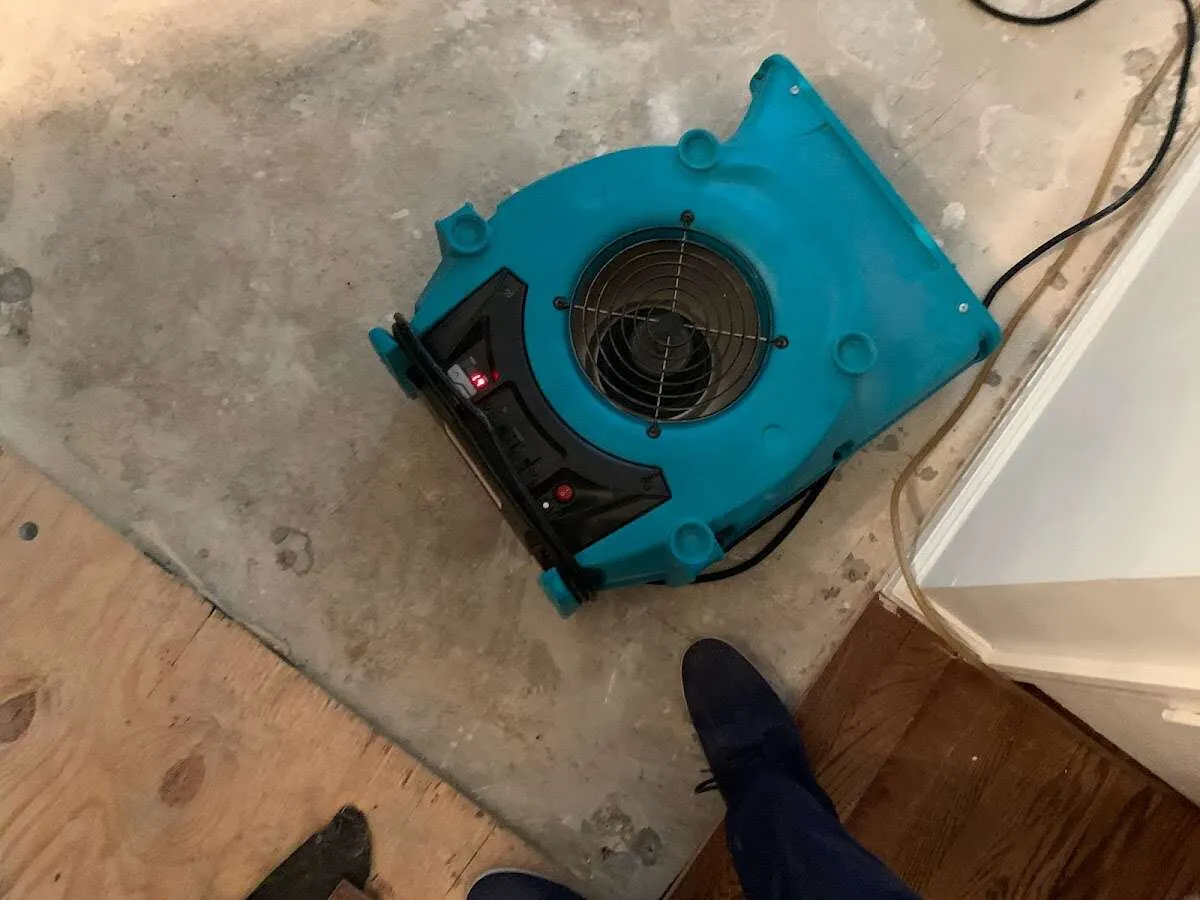 Air mover drying subfloor during Commercial Water Damage Restoration in Springdale